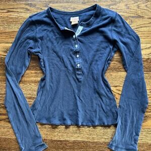 VTG Y2K Hollister Henley Shirt Womens L (Fits S/M) Navy Blue LS Bella Swan